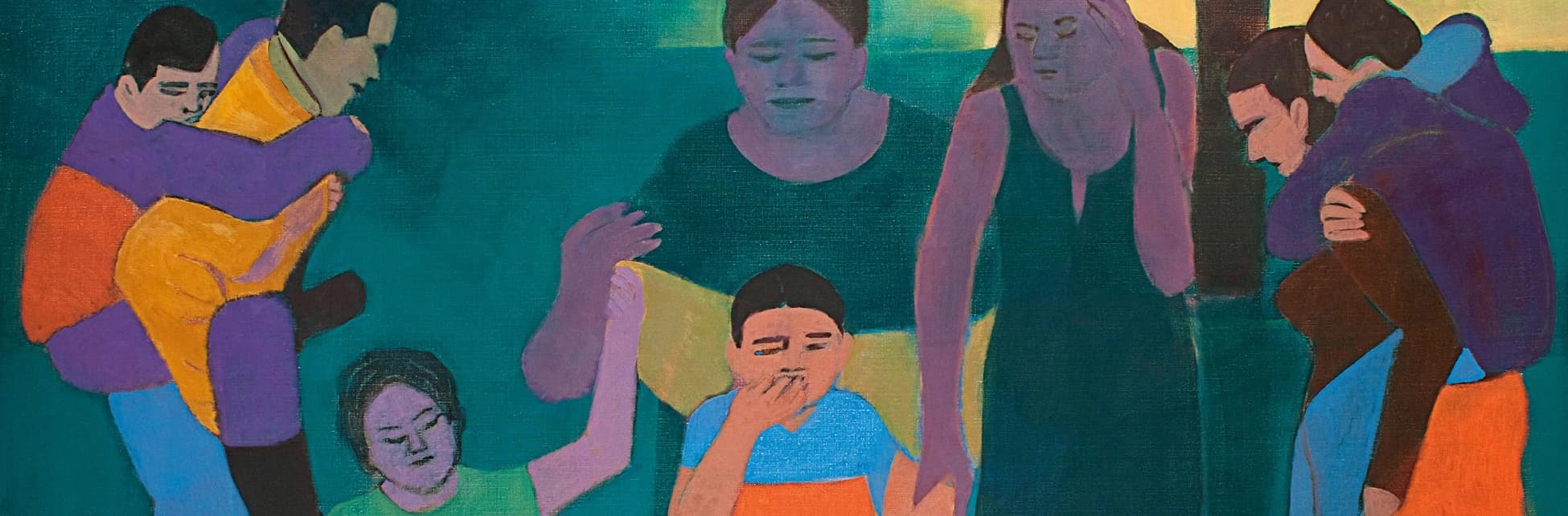 Ilustración. Panorámica de varias personas en escenas de cuidado y acompañamiento: a la izquierda, dos figuras se abrazan; en la parte inferior, una persona levanta un brazo junto a otra que se cubre la boca; al centro y a la derecha aparecen otras figuras con gestos de cercanía.