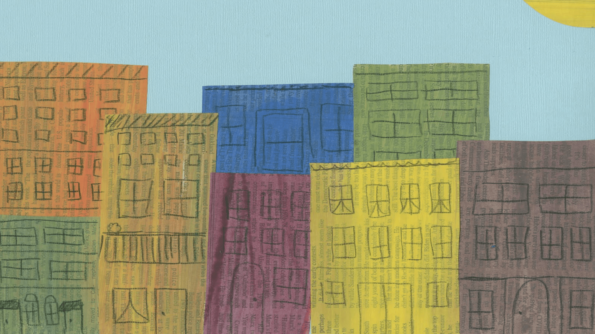 Ilustración. Dibujo de edificios de altura impar en colores amarillo, naranja, morado, azul, verde y café. 