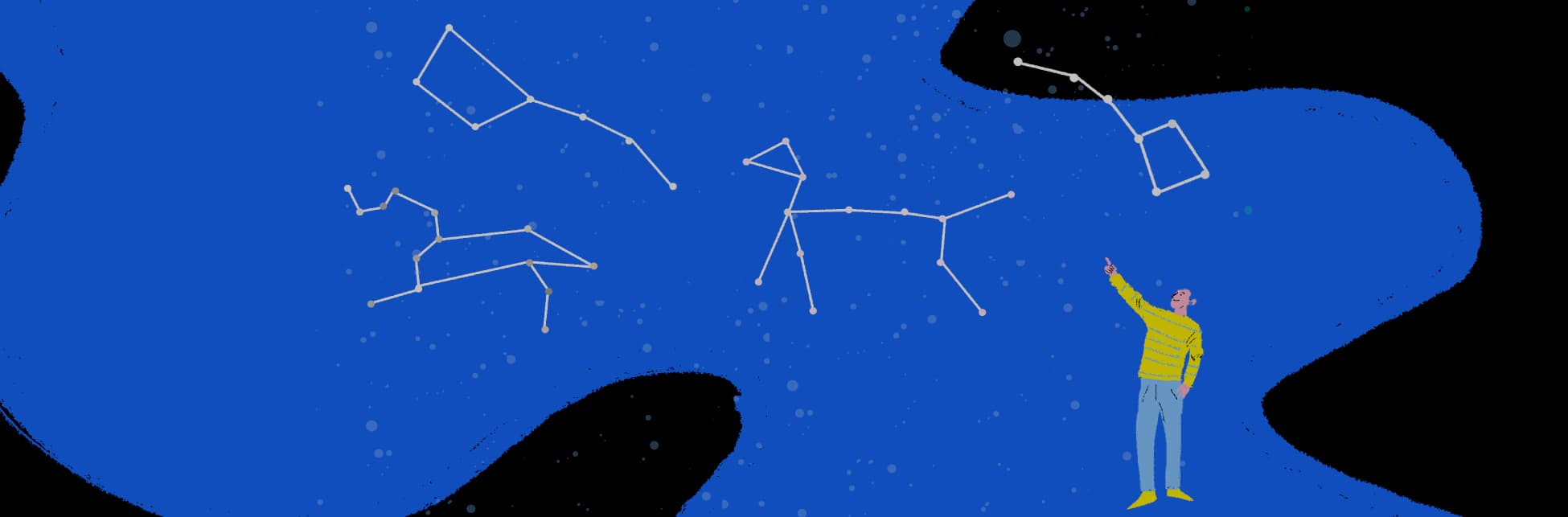 Ilustración. Persona ubicada al lado derecho de la imagen sonríe mientras señala hacia arriba. En el cielo, se dibujan diferentes constelaciones, como la Osa Mayor. 
