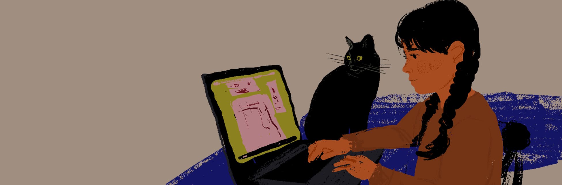 Ilustración. Sobre un fondo claro, una niña usa un computador portátil mientras un gato negro la observa.