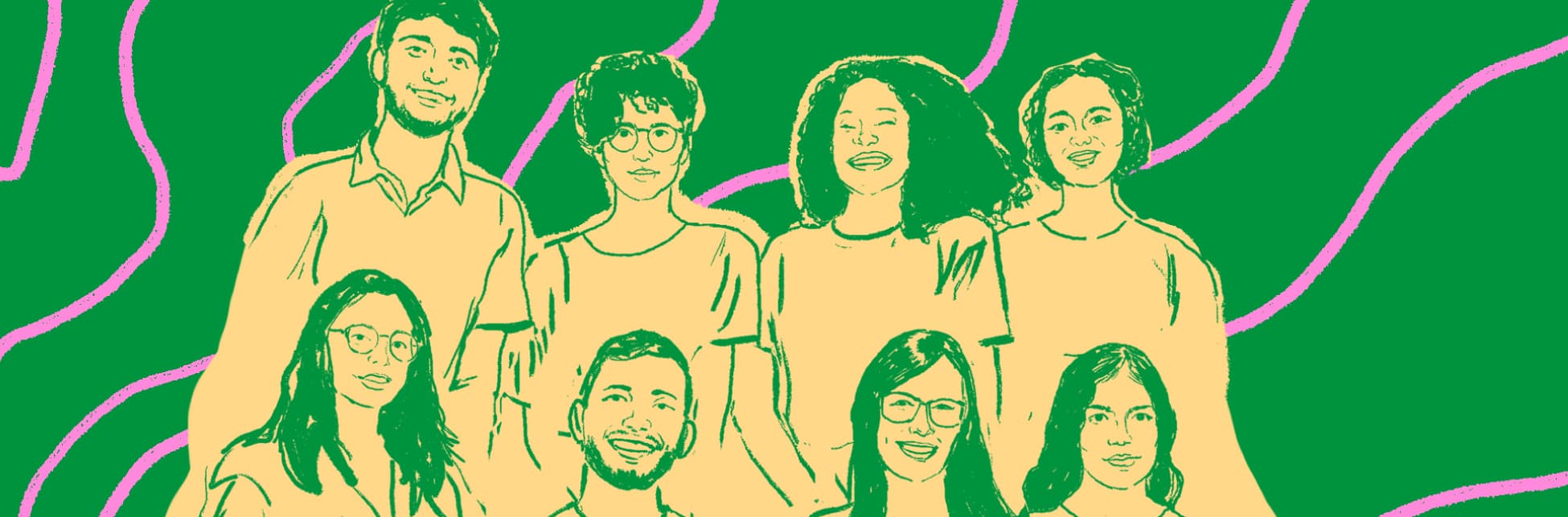 Ilustración. Ocho personas sonrientes de frente y en plano medio. Se organizan en dos filas, una detrás de la otra.