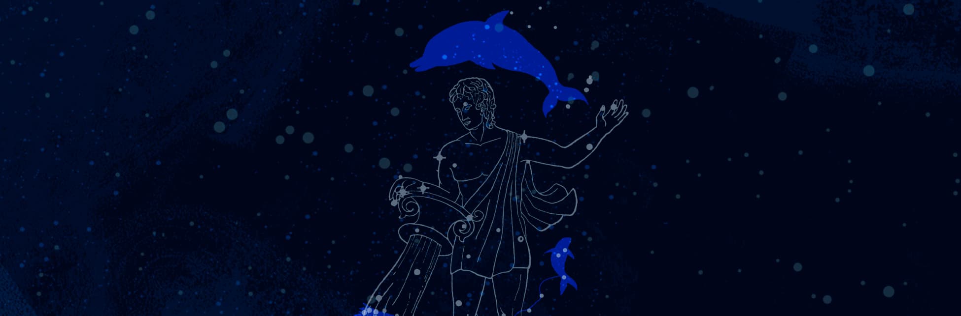 Ilustración. En la parte derecha de la imagen un hombre con túnica dderramando una vasija con agua, a su alrededor aparecen las siluetas de cuatro animales marinos: un delfín, peces, una ballena y una serpiente marina. 