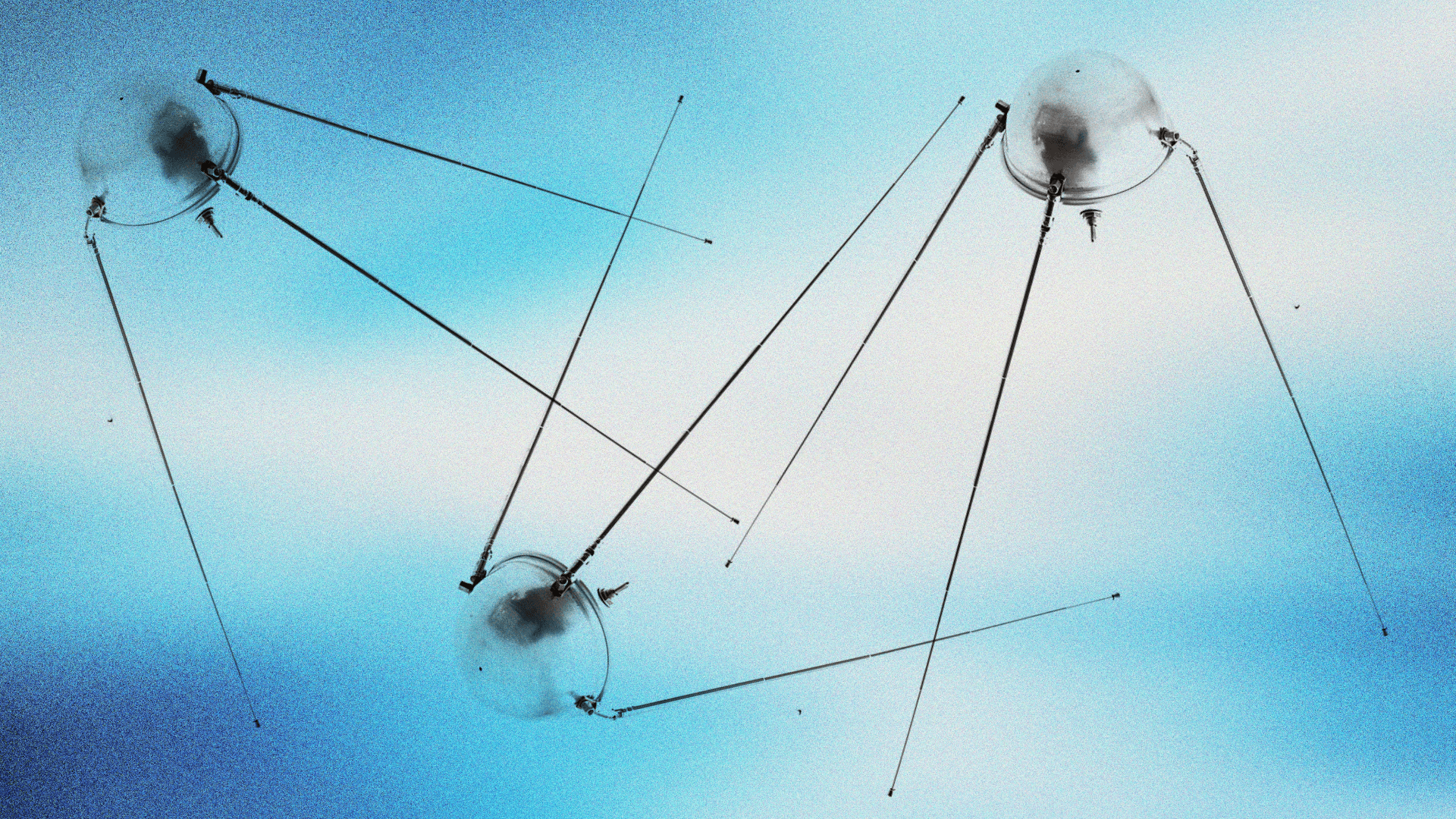 Representación gráfica. Una estructura esférica metálica con varias antenas largas extendiéndose en diferentes direcciones. El fondo es un degradado azul claro, que resalta las formas y los detalles de las tres estructuras.