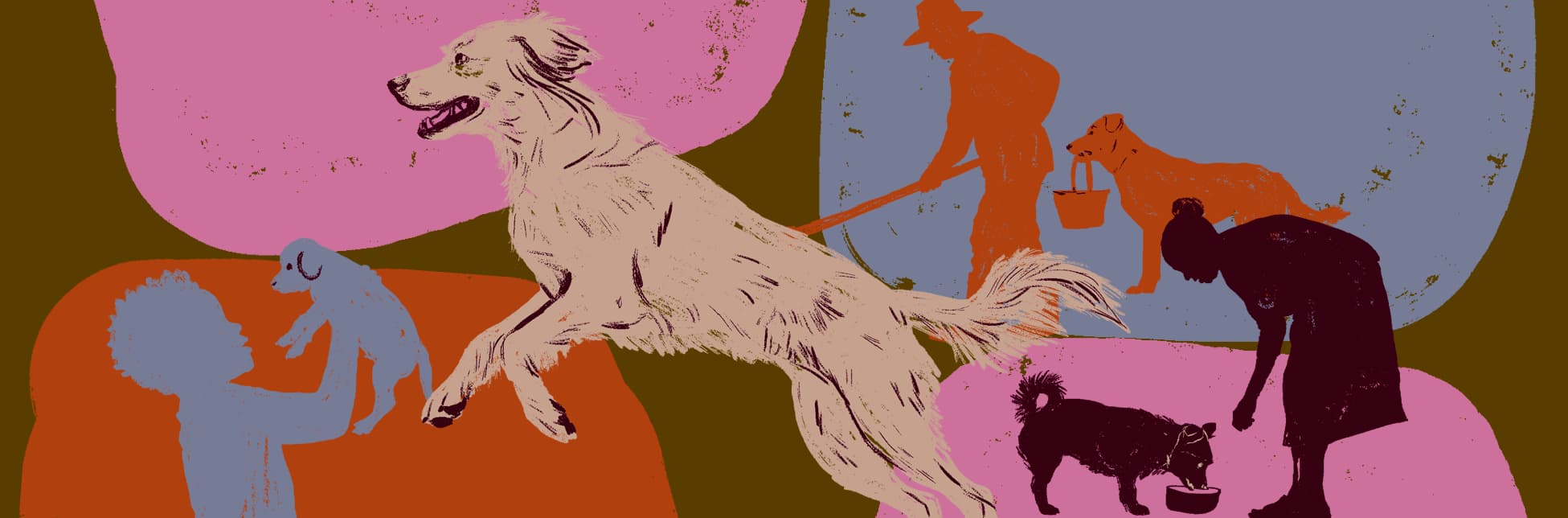 Afiche. Sobre un fondo marrón se destacan ilustraciones de siluetas humanas y caninas en colores rosado, naranja, azul, burdeos y crema. En el centro, un perro claro de gran tamaño corre hacia la derecha. Alrededor, se observan figuras humanas interactuando con perros: una persona le da de comer a uno, otra carga un cachorro, y una más pasea a un perro con correa. 