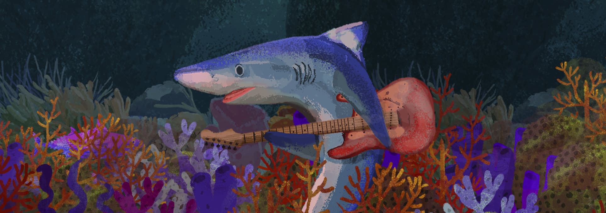 Ilustración. Sobre un fondo de corales aparece en la parte derecha de la imagen un tiburón que sostiene entre ambas aletas una guitarra eléctrica. Junto a él, mucho más pequeños, tres peces morados. 
