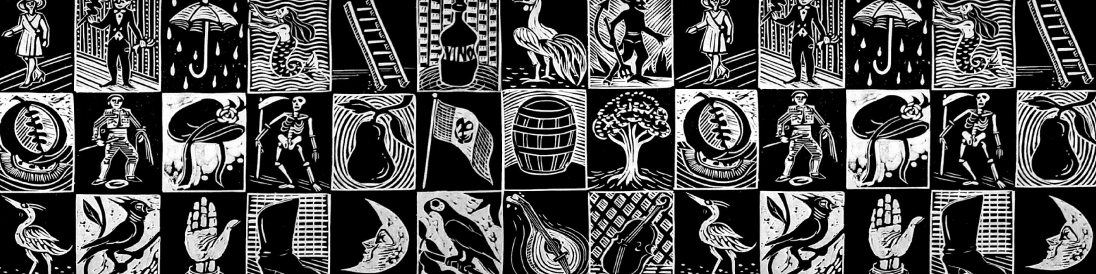 Collage. Sobre un fondo negro aparecen varios cuadros pequeños que contienen diferentes elementos en blanco y negro: frutas, animales, instrumentos, plantas. 