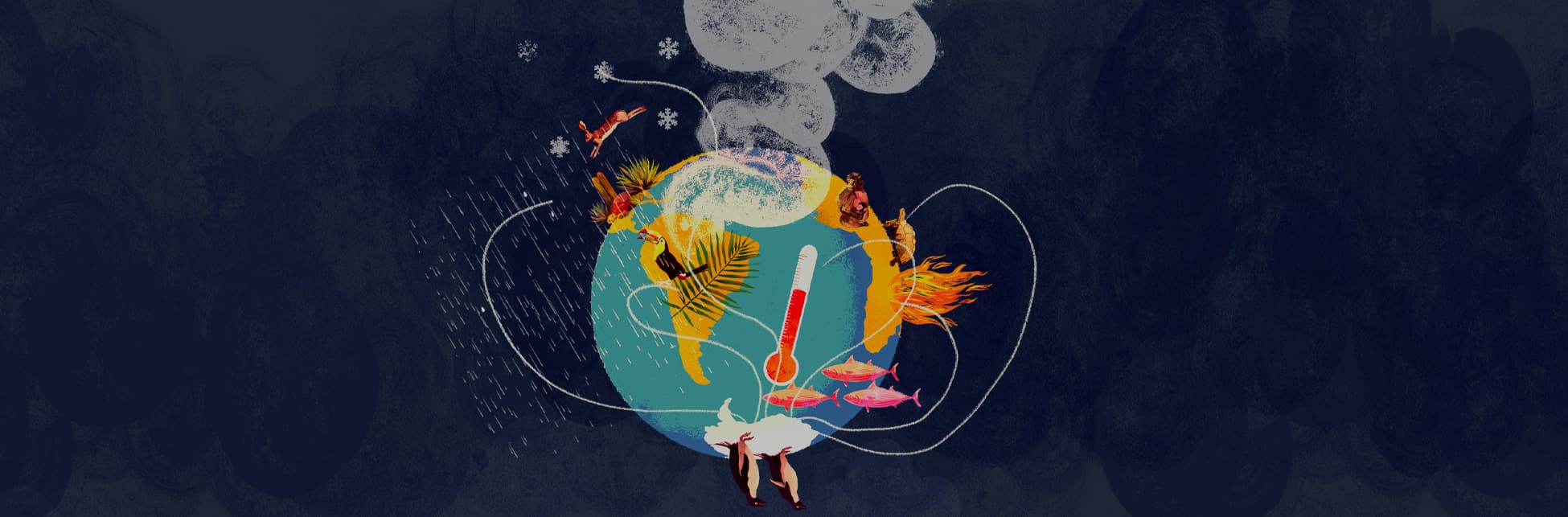 Ilustración. En el centro de la imagen un globo terráqueo, sobre él pingüinos, peces, un tucán, una tortuga, una liebre, un termómetro y una fogata. 