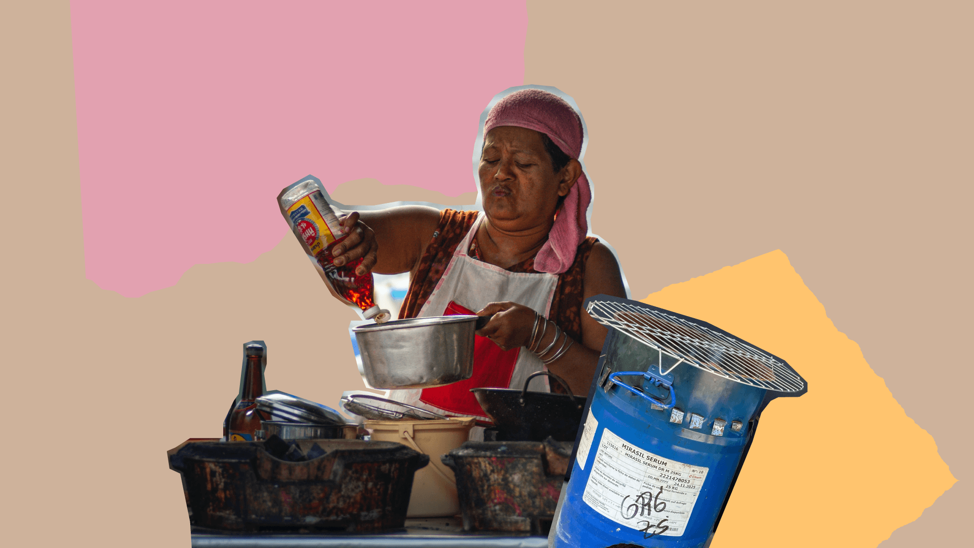 Fotografía. Una mujer con delantal y una toalla amarrada en la cabeza echa aceite en una olla. Delante de ella hay otras ollas. A la derecha de la imagen hay un fogón construido con una lata y una parrilla.