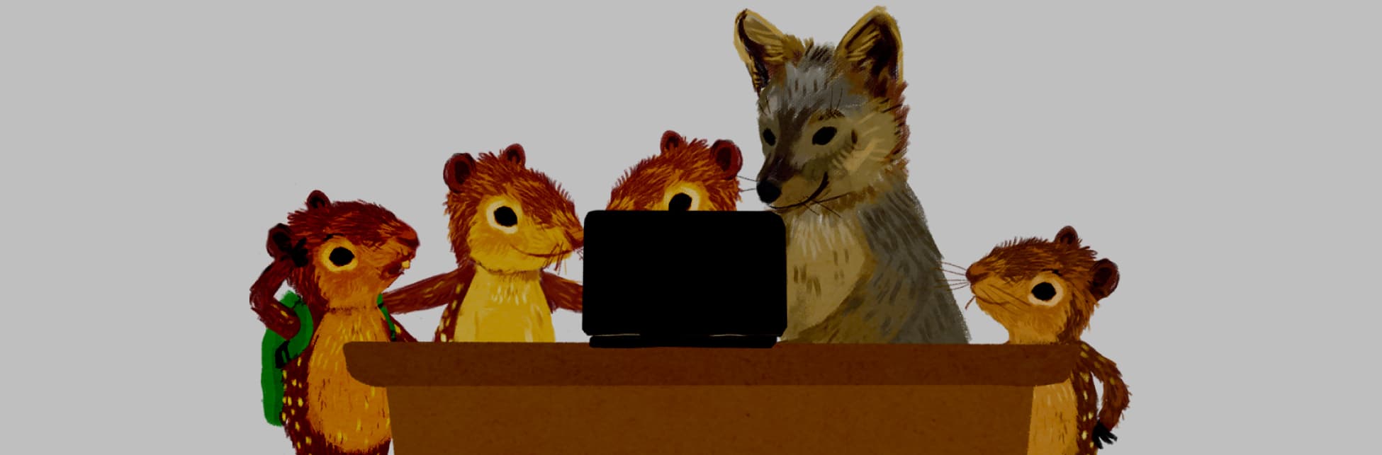 Ilustración. Frente a un escritorio con un computador hay cuatro pacas y un zorro. 