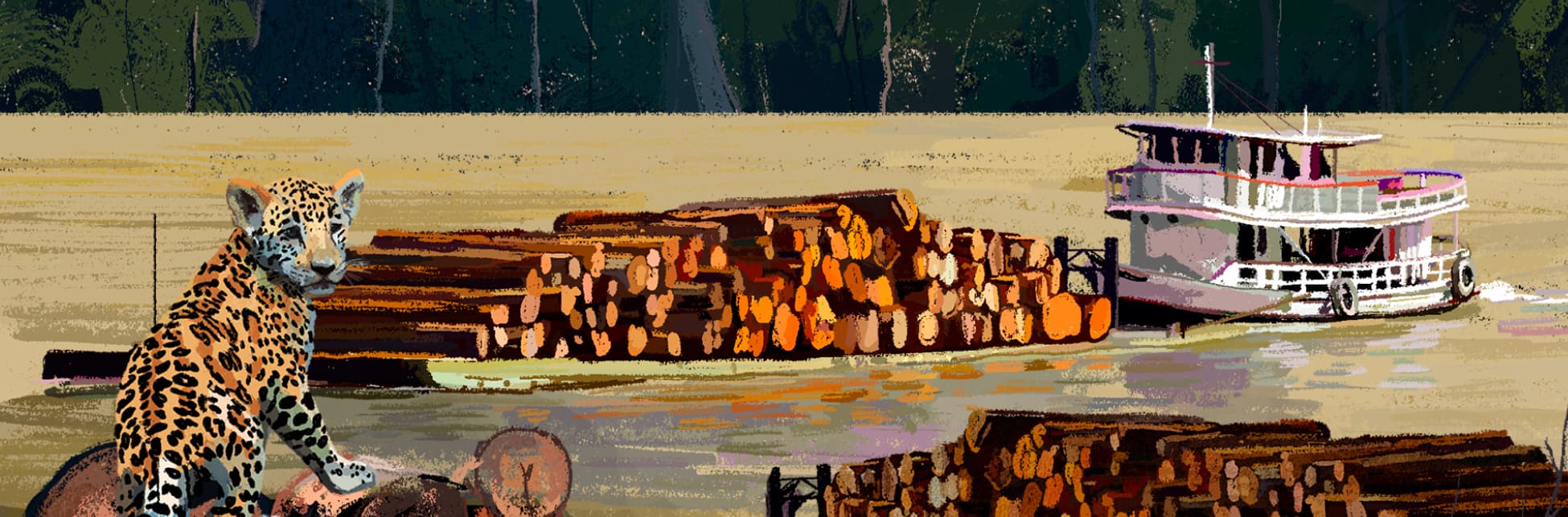 Ilustración. En el centro, una embarcación blanca empuja sobre el agua un montículo de troncos cortados, detrás se ve el bosque. En la parte inferior, la playa del río donde hay troncos a la derecha e izquierda, y en la esquina inferior derecha un cachorro de jaguar mira hacia atrás.