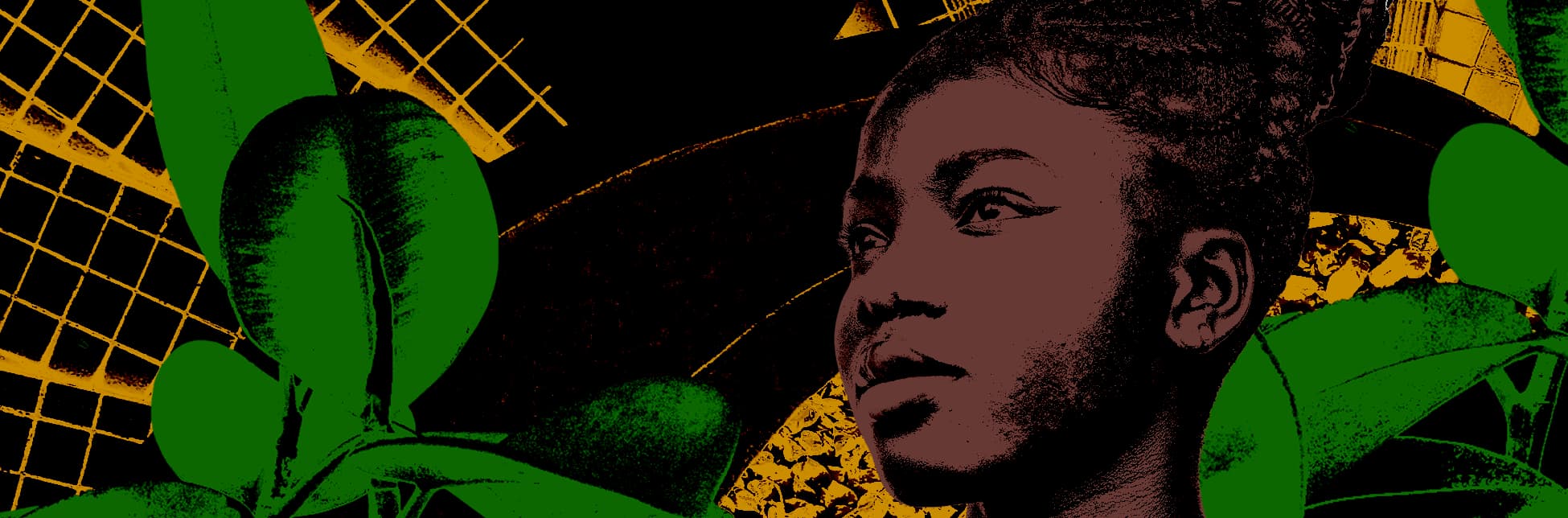 Ilustración. Sobre un fondo negro con patrones de líneas amarillas, hojas verdes y detalles naranjas, se encuentra el rostro de perfil de una mujer afrodescendiente con trenzas, mirando hacia la derecha.