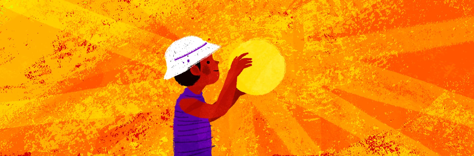 Ilustración. Un niño sostiene con sus manos una esfera amarilla mientras, tiene un sombrero y una camisa de rayas moradas.