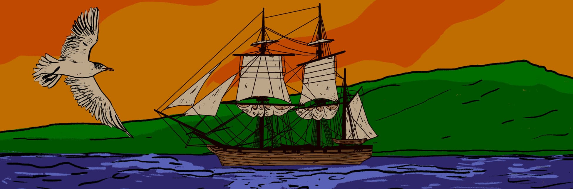 Ilustración. Se ve un barco de madera, con dos mástiles y velas blancas, navegando sobre agua azul y al fondo una montaña verde y un cielo naranjado.
