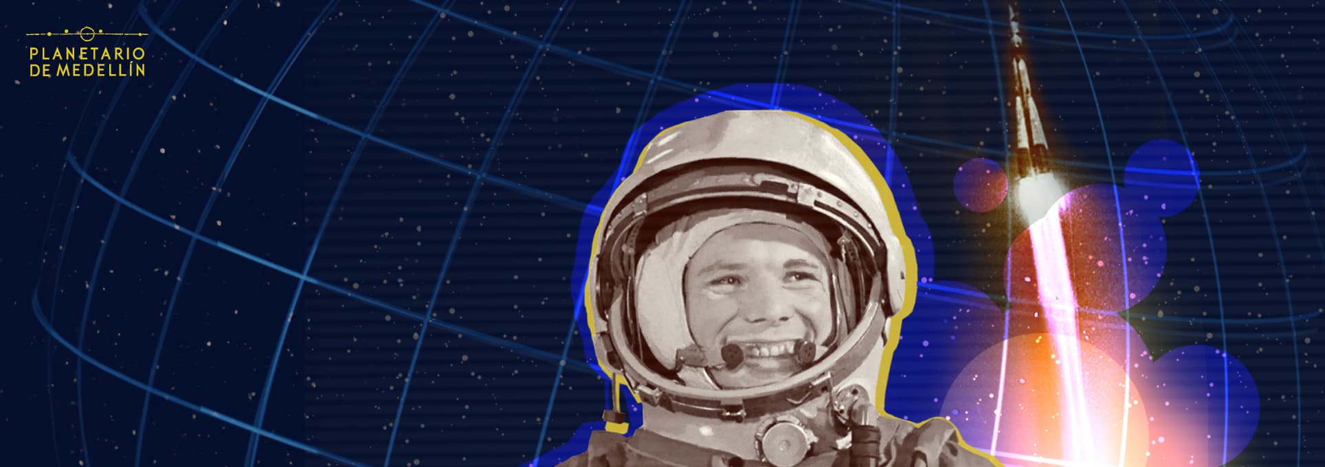 Ilustración. Sobre un fondo azul oscuro con una malla de líneas curvas y destellos, un cohete despega dejando una estela luminosa. En la parte inferior derecha, una imagen en tonos sepia muestra a un astronauta sonriendo dentro de un traje espacial. 
