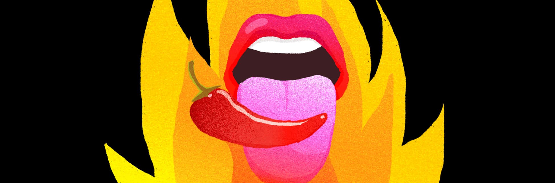 Ilustración. Sobre un fondo con fuego aparece en la parte superior de la imagen una boca con la lengua afuera, sobre la lengua un ají en color rojo intenso. 