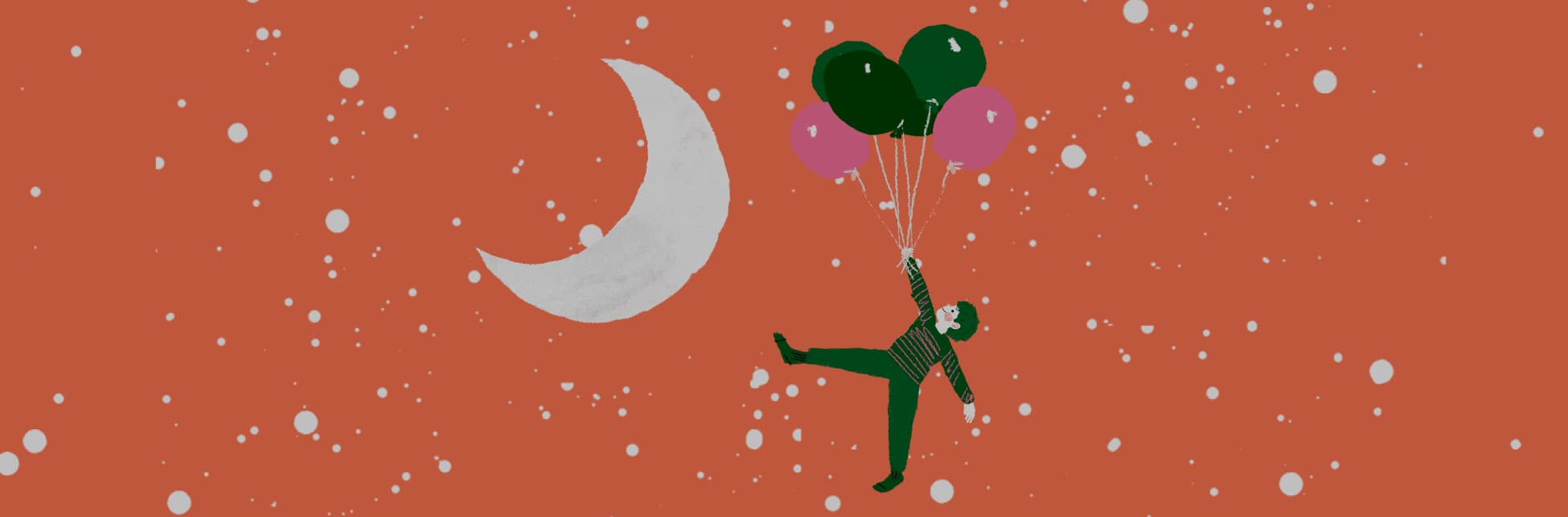 Ilustración. Sobre un fondo de puntos blancos aparece una media luna y una persona que flota sujeta de varios globos de colores.