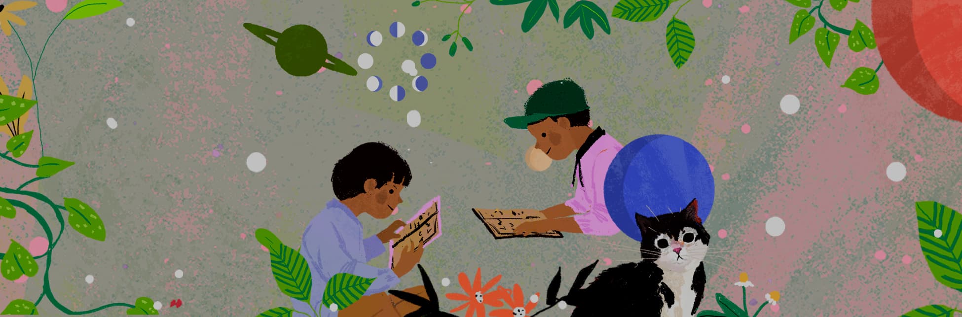 Ilustración. Sobre un fondo verde dos niños leen libros, están rodeados de plantas, planetas y un gato.