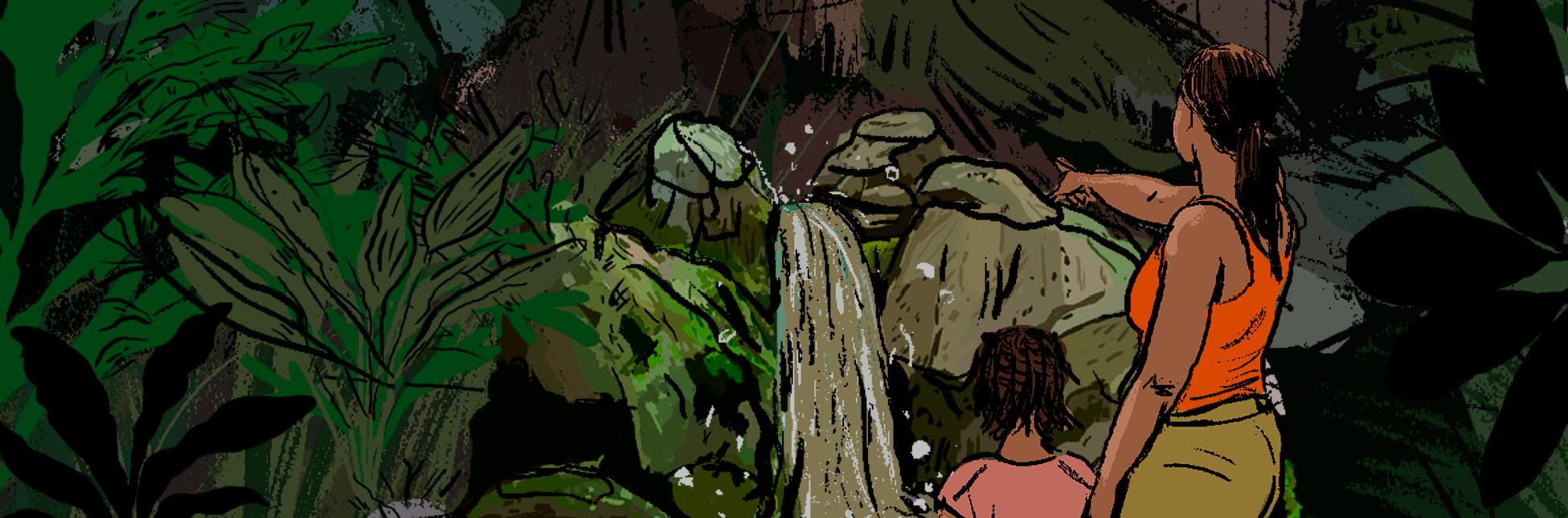 Ilustración. Se observa un paisaje natural con montañas al fondo, una construcción sobre una ladera y un puente amarillo en la parte izquierda. En primer plano, una persona adulta de espaldas, con camisa sin mangas y pantalón claro, señala hacia la distancia mientras una niña a su lado contempla una cascada que cae entre rocas rodeadas de vegetación densa.