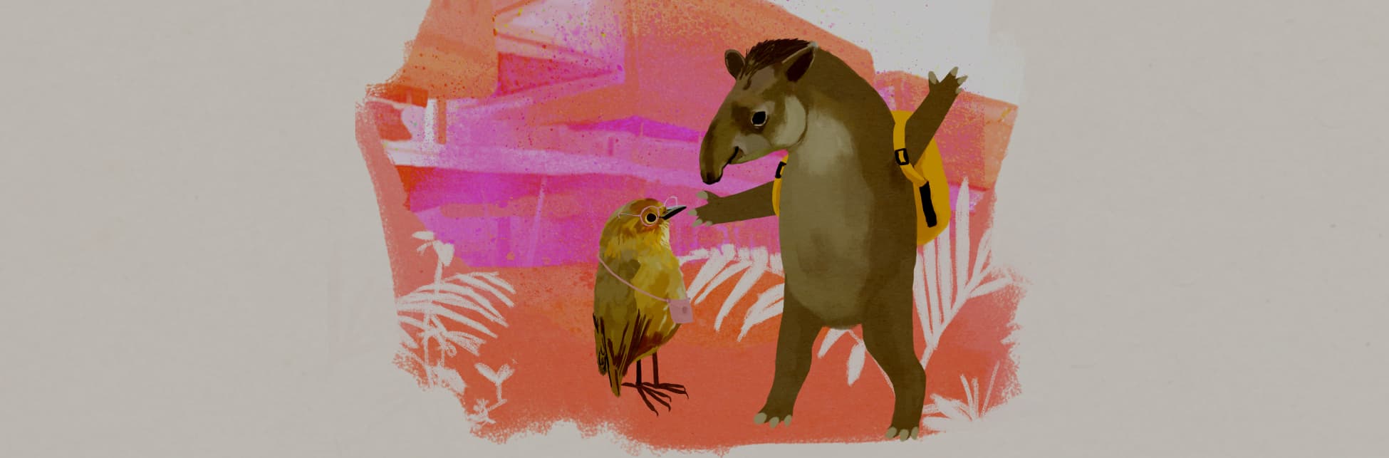 Ilustración. Sobre el Parque Explora como fondo, una danta que lleva un morral y un pájaro de gafas y bolso se miran.