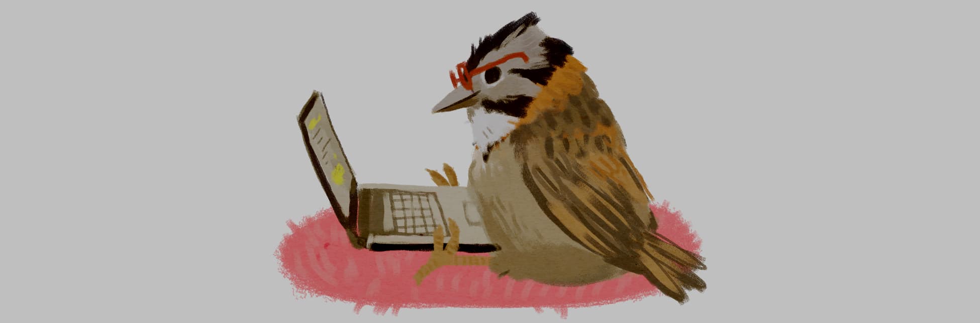 Ilustración. Sobre un tapete rosado, está sentado un pájaro con gafas rojas, de perfil, mirando un computador portátil.