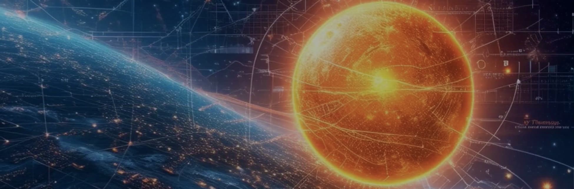Ilustración. Se ve la curvatura de un planeta con varios puntos como luces encima. Al frente de él, mucho más pequeña una esfera naranjada con un borde muy luminoso. Sobre toda la imagen varias líneas.