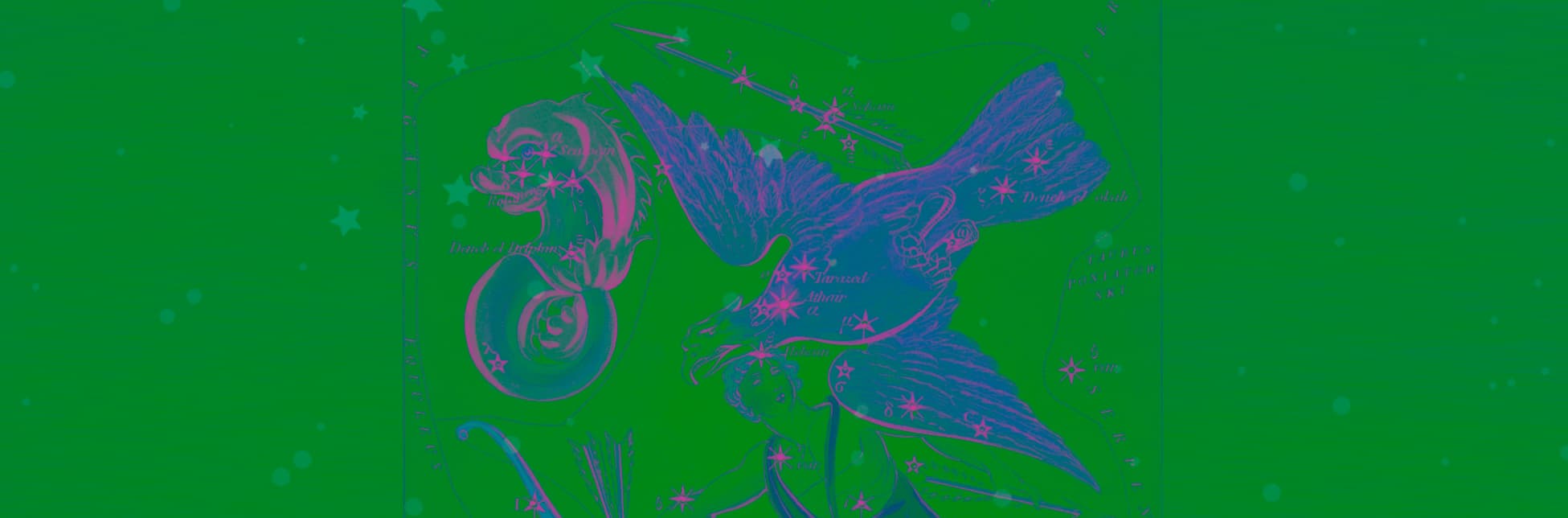Ilustración panorámica. Sobre un fondo con pequeñas estrellas aparece una antigua representación de constelaciones formada por criaturas fantásticas y aves. Varias estrellas destacadas se distribuyen sobre sus cuerpos y están conectadas mediante líneas punteadas.