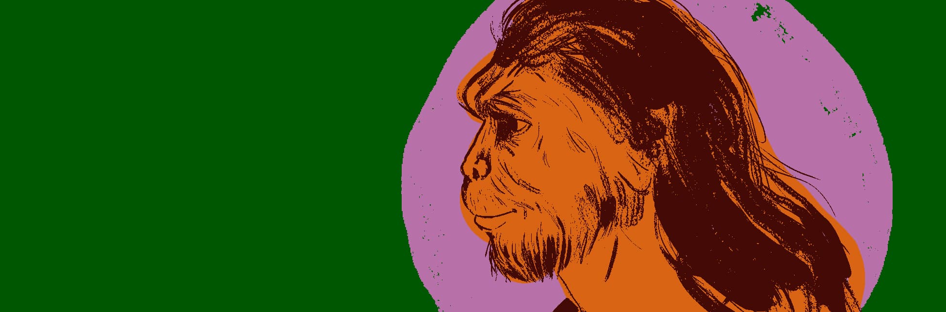 Ilustración. Sobre un fondo verde, se encuentra un dibujo de perfil de un homínido con cabello largo y barba, realizado con trazos gruesos en tonos marrones y negros, dentro de una silueta circular con fondo rosado y contorno verde.