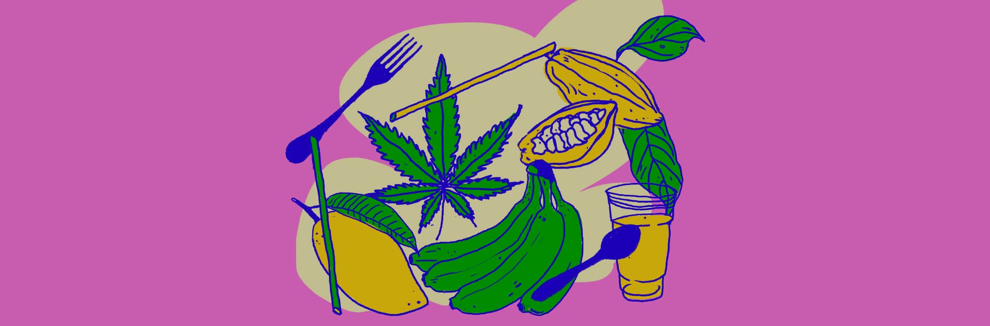 Ilustración. Un fruto del cacao, un gajo de plátanos y un mango rodeados de cubiertos.