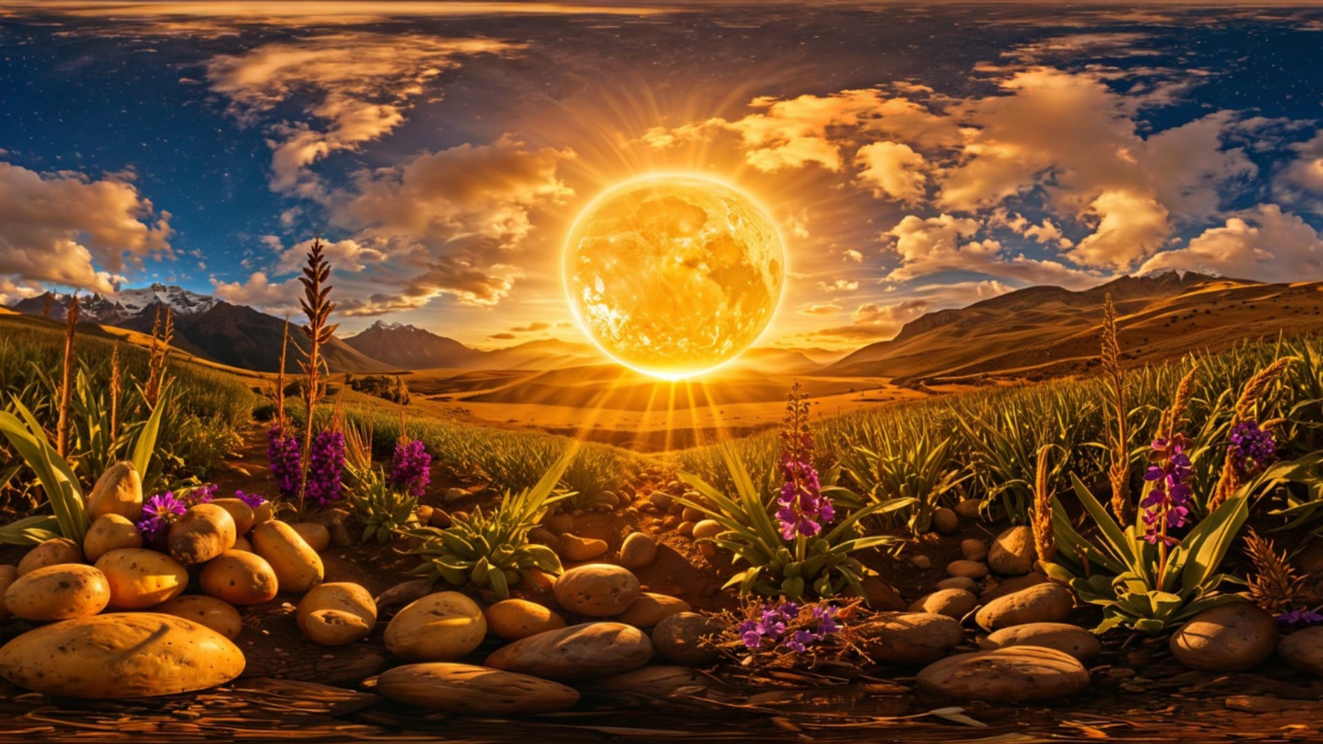 Ilustración. Paisaje panorámico con un sol radiante en el centro del cielo, rodeado de nubes y rayos que iluminan un valle entre montañas. A los lados se observan laderas, zonas de vegetación y una hilera de montañas nevadas hacia el fondo izquierdo. En primer plano hay piedras redondeadas, plantas de hojas alargadas, espigas y flores moradas distribuidas sobre el terreno; en la parte inferior se aprecia una superficie de agua con reflejos.