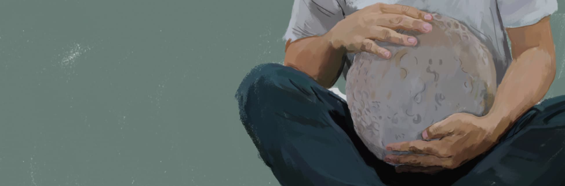 ilustración. una persona sentada con las priernas cruzadas abraza un modelo redondo de la Luna. Se ven su manos y brazos pero no su rosto.