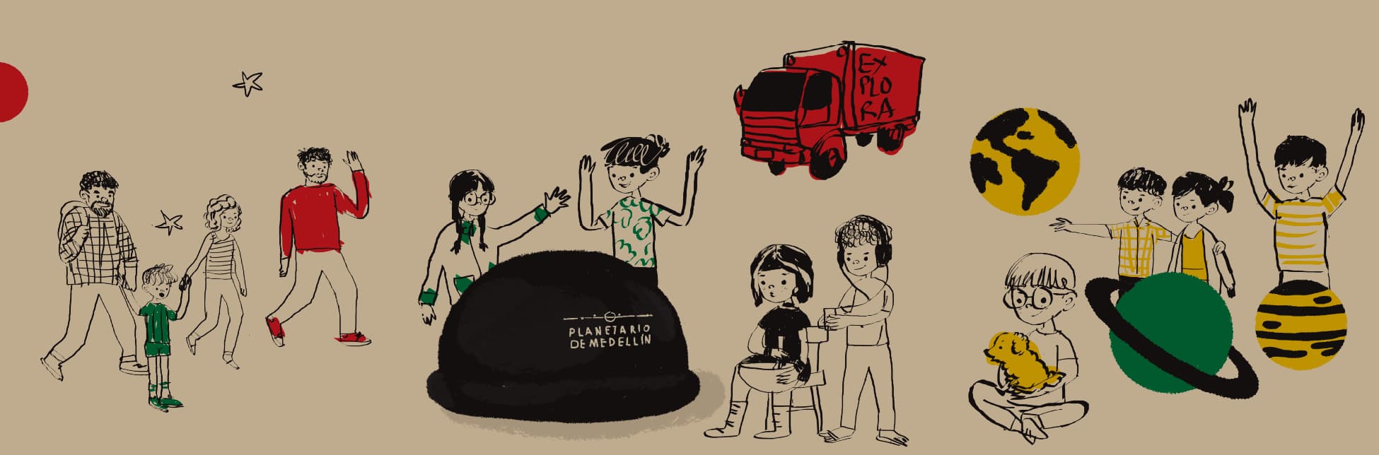 Ilustración. Sobre un fondo beige aparecen varias figuras humanas, en su mayoría niños y niñas, junto con algunos adultos. A la izquierda, un hombre con barba y camisa de cuadros camina junto a dos niñas que se toman de la mano. Más al centro, un grupo de jóvenes saluda y se acerca a una estructura negra con forma de domo que tiene inscrito el texto: "Planetario de Medellín". Detrás de ellos se observa un camión rojo con la palabra "Explora". A la derecha, una niña y un niño manipulan un objeto sobre una mesa; más adelante, un niño con gafas sostiene un ave amarilla sentado en el suelo. Al fondo flotan figuras del planeta Tierra, Saturno y otro cuerpo celeste, mientras tres niños sonríen y levantan los brazos.