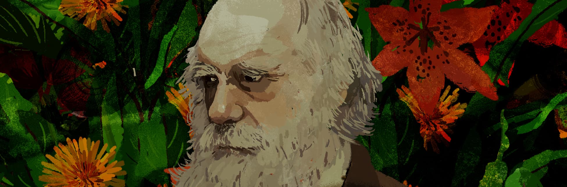 Ilustración. De perfil, sobre un fondo de hojas y flores y en primer plano, el científico Charles Darwin. Tiene el ceño ligeramente fruncido, su barba y sus cejas son pobladas y blancas.