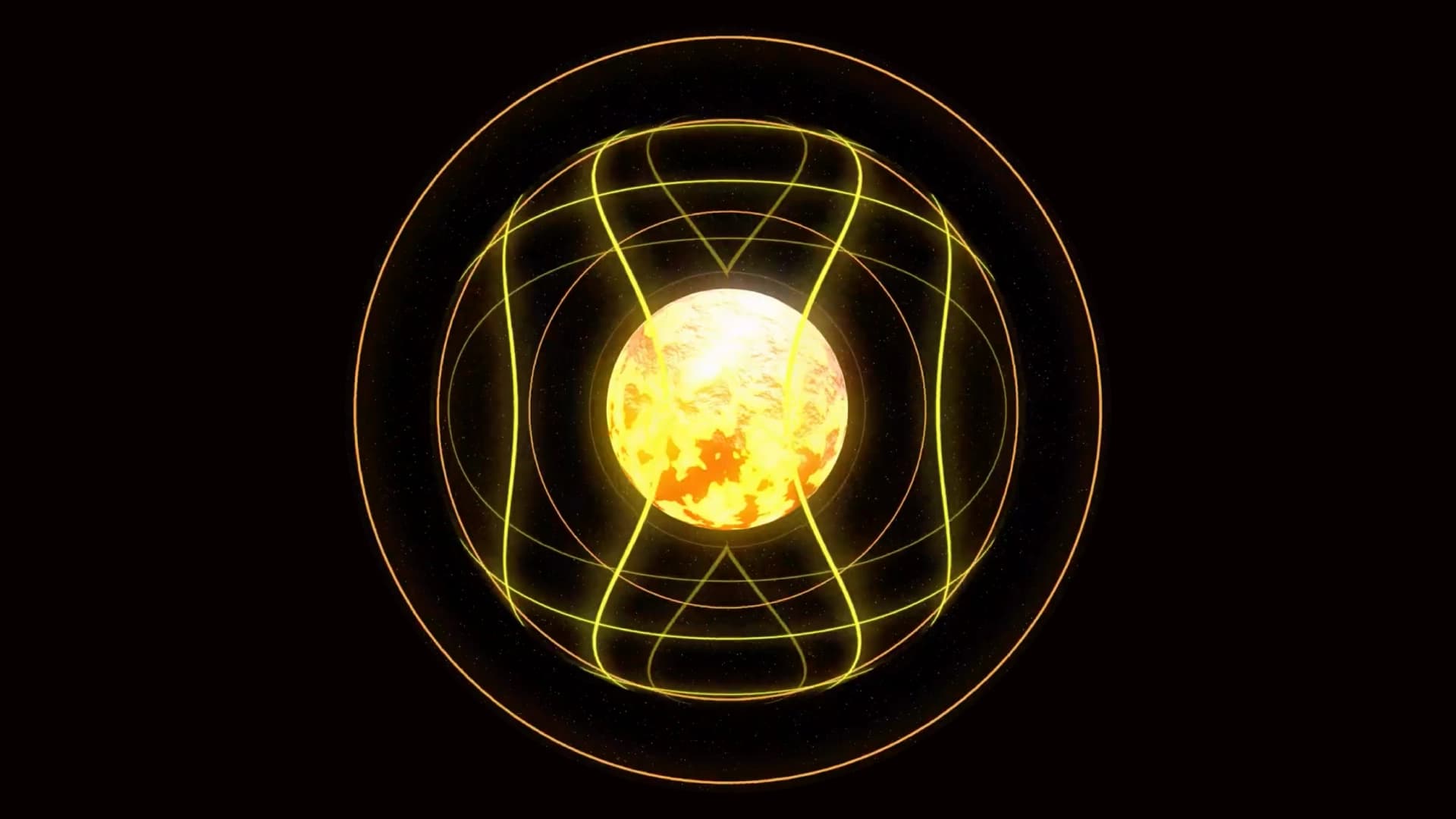 Ilustración. Sobre un fondo oscuro aparece una esfera luminosa en el centro, con apariencia de astro incandescente. Alrededor de ella se observan varias circunferencias concéntricas y trayectorias curvas entrecruzadas que forman una estructura geométrica semejante a órbitas o líneas de campo. Las líneas rodean completamente la esfera y generan una composición simétrica. En el fondo se distinguen pequeños puntos dispersos que evocan un espacio estrellado.