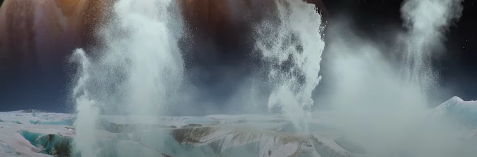 Ilustración. En la parte inferior de la imagen una superficie de roca y hielo con varios picos, de esos picos salen hacia arriba nubes blancas que parecen vapor. Al fondo se observa el planeta Júpiter.