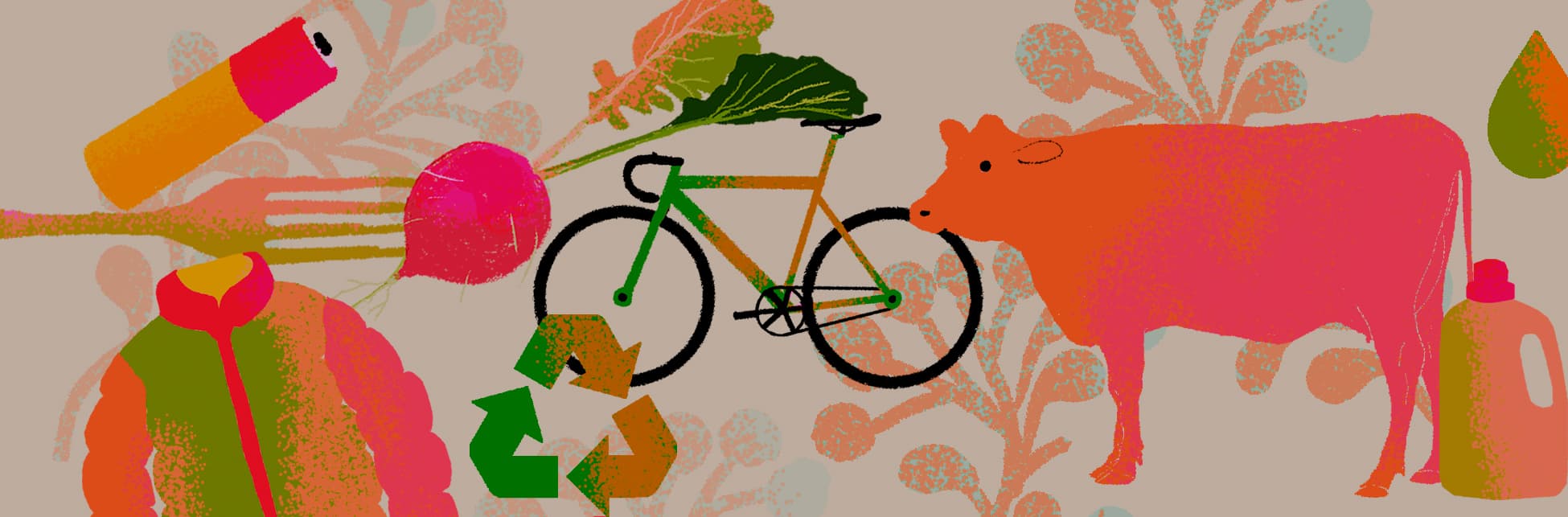 Ilustración horizontal. Ubicados en diferentes puntos de la imagen encontramos una vaca de cuerpo completo y de perfil, una bicicleta, una botella de plástico, una gota, una chaqueta, el logo de reciclaje, una pila y un tenedor pinchando un rábano, una hortaliza en forma de gota color rosado intenso con hojas alargadas color verde.