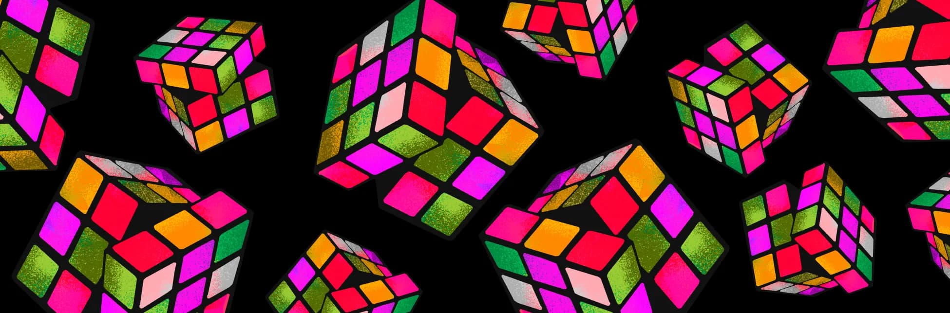 Afiche. Sobre un fondo negro hay múltiples cubos de Rubik tridimensionales en distintas posiciones, cada uno con colores brillantes como verde, naranja, rosado, rojo, blanco y amarillo.