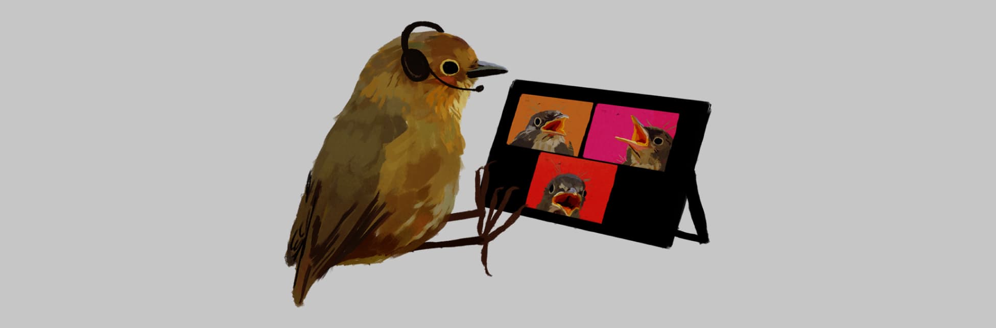 Ilustración. En la parte inferior de la imagen un pajarito con audífonos está sentado de perfil frente a una tablet que muestra en la pantalla 3 cuadros, cada uno con un pajarito en primer plano con el pico abierto.