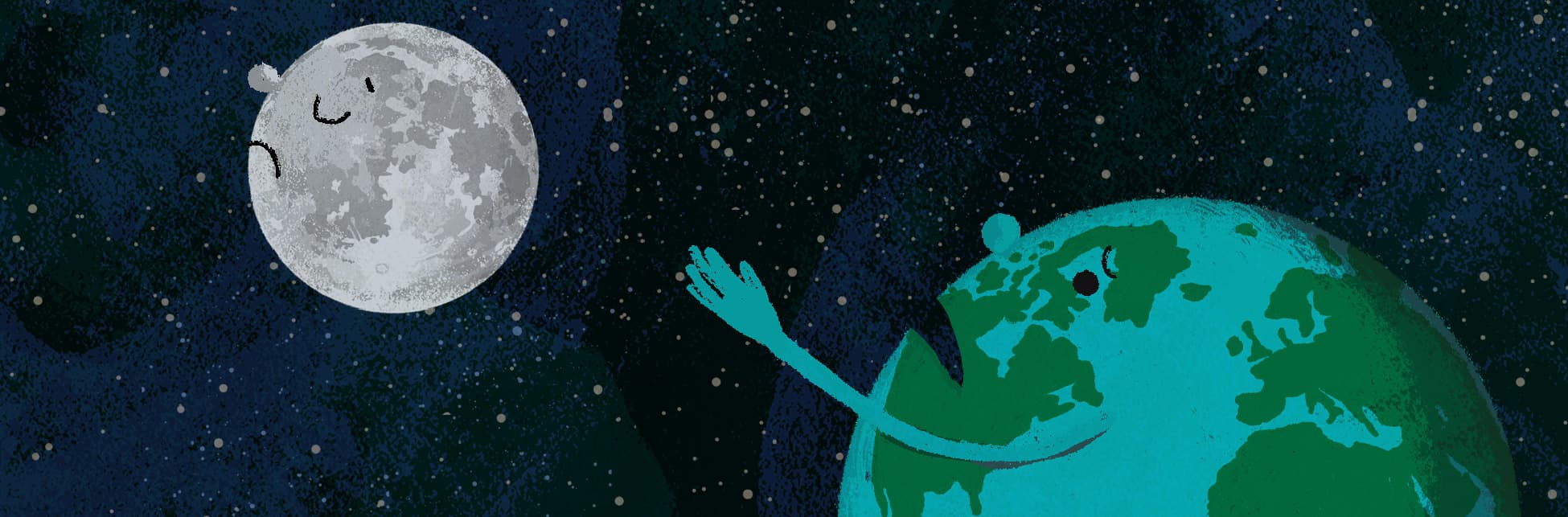 Ilustración. En primer plano abajo a la derecha el planeta tierra con manos, nariz y ojos. Se encuentra de perfil mirando hacia la izquierda, donde se encuentra la luna, también con rosto, alejándose y dándole la espalda.