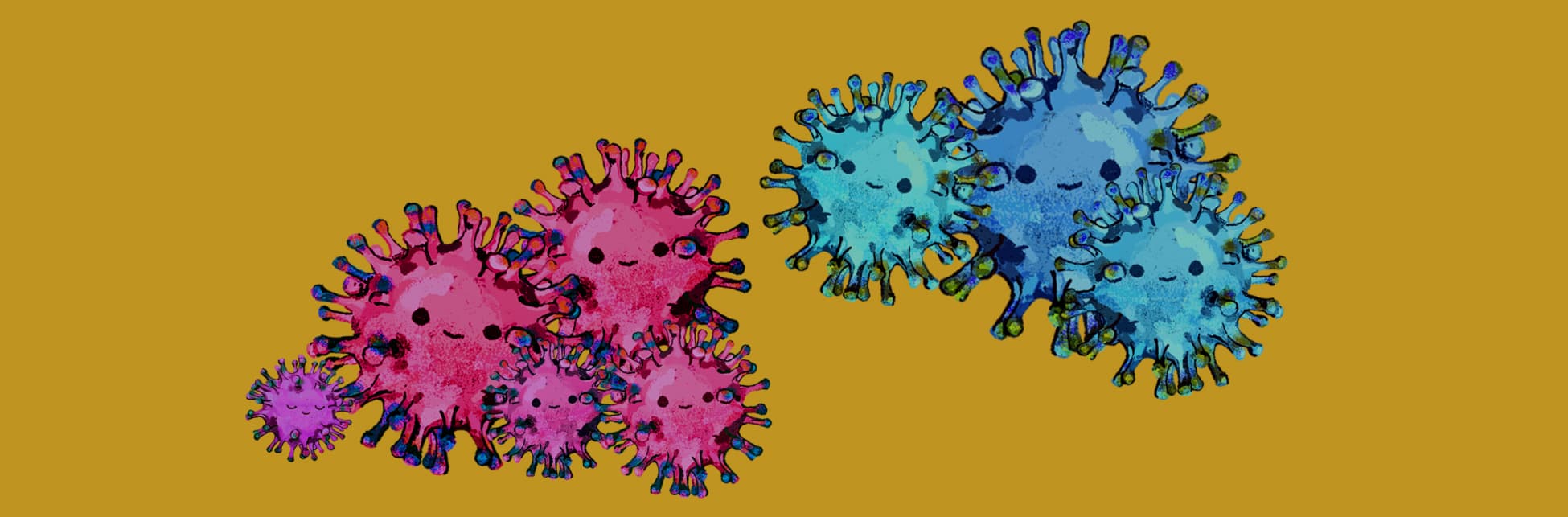 Ilustración. A la derecha tres masas azules y más o menos esféricas con numerosas y pequeñas prolongaciones, cada una con dos puntos y una línea curva que insinúan un rostro. A la izquierda otras 5 de estas, pero de color rosado, dos de ellas son más grandes que el resto.