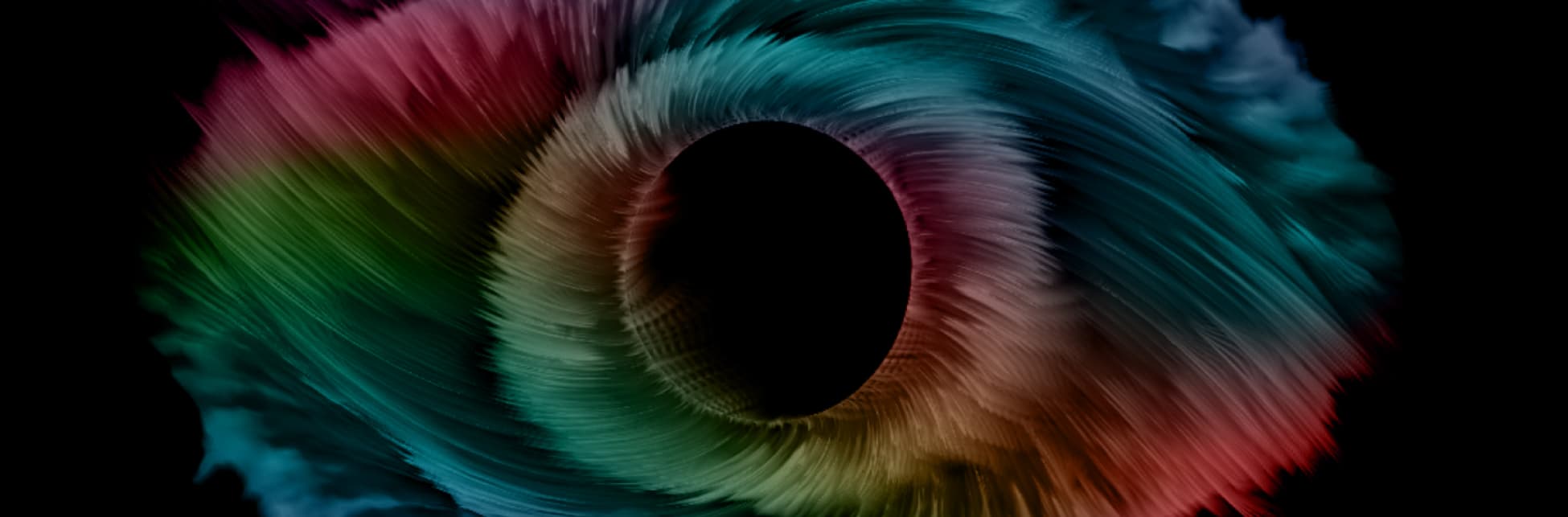 Ilustración. Sobre un fondo negro, se ve un círculo negro rodeado por líneas de trazo suave de varios colores.