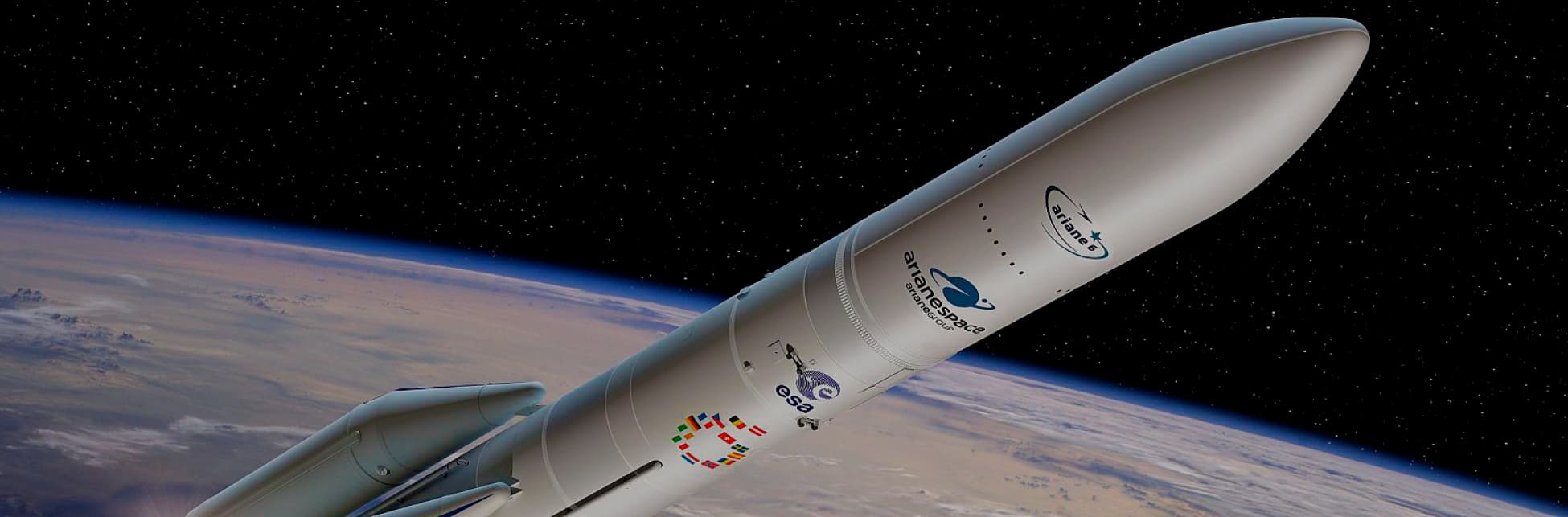 Ilustración. Al fondo se ve la superficie terrestre, sobre ella un nave de forma alargada de color blanco.