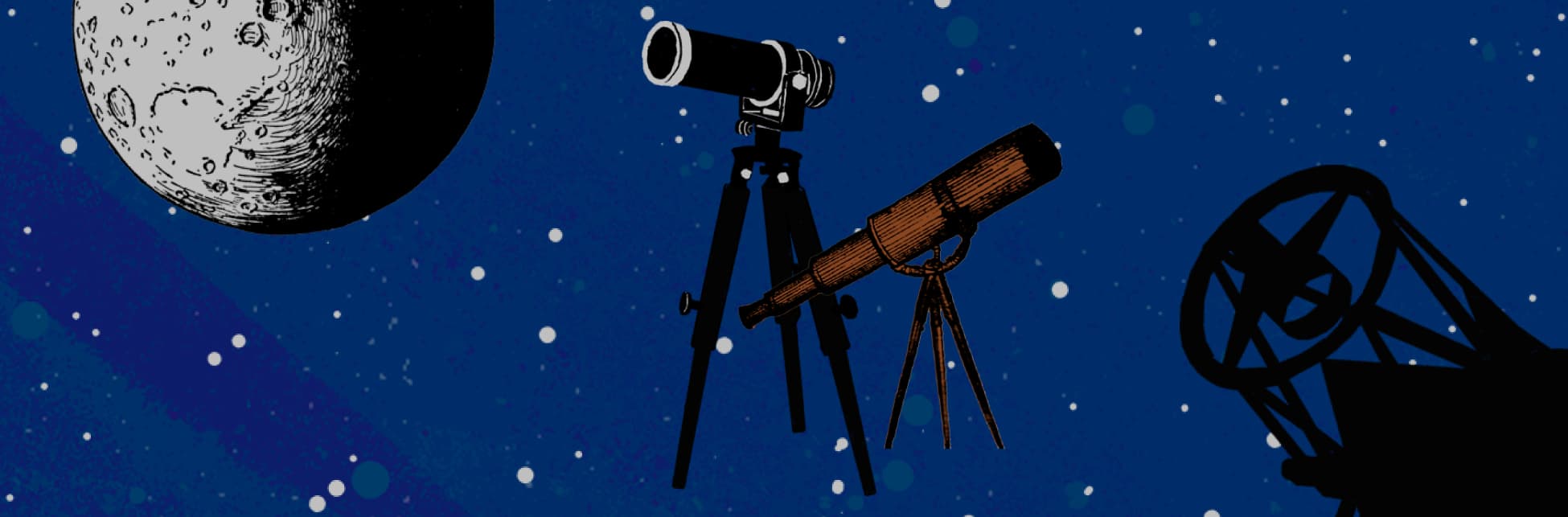 Ilustración. En la parte inferior de la imagen diferentes telescopios. Sobre ellos, un objeto redondo parecido a un planeta.