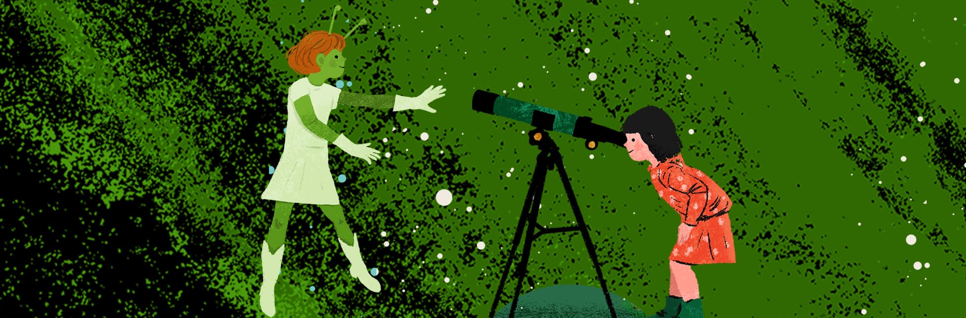 Ilustración. Sobre un fondo verde con estrellas, en la parte derecha de la imagen una niña de perfil se inclina para observar por un telescopio. En la parte izquierda aparece una mujer extraterrestre con piel verde, cabello naranja, antenas, un vestido blanco y guantes y botas.