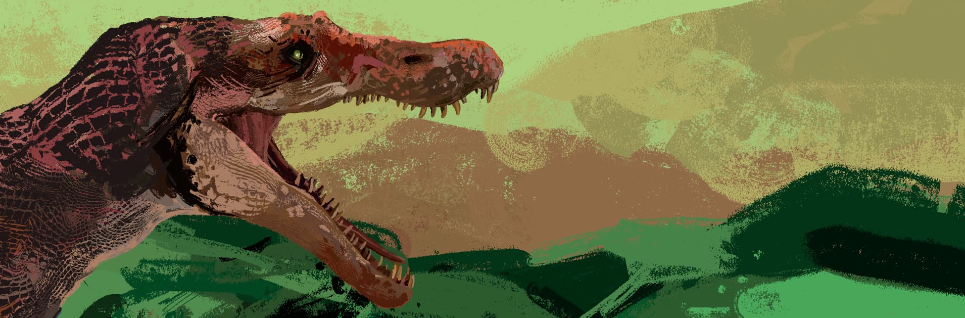 Ilustración. De la parte izquierda de la imagen sale la cabeza de un dinosaurio de perfil con la boca abierta. Tiene tonos cafés y rojizos, tiene cuello grueso y corto, ojos pequeños y un hocico largo y con dientes cortos.
