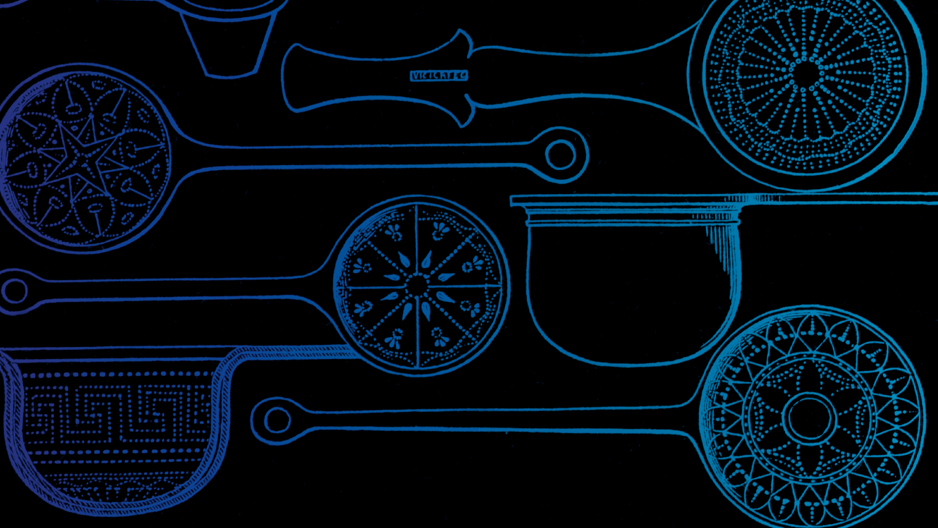 Ilustración. Aparecen seis pailas. Cuatro de ellas están en ángulo cenital y adentro tienen dibujadas figuras como estrellas, triángulos y círculos. Dos de ellas aparecen de perfil y son hondas.