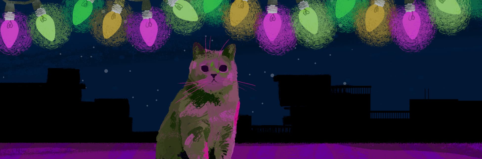 Ilustración. En el centro de la imagen un gato que parece ser café pero que está iluminado con luces rosa. Sobre él una línea de bombillos navideños de diferentes colores. En el fondo un cielo estrellado y las siluetas de algunas edificaciones.