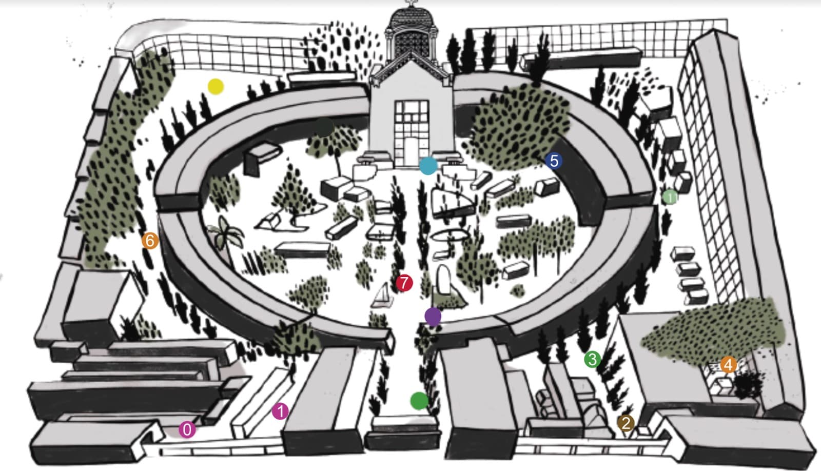 Ilustración. En vista aérea, mapa del Cementerio Museo San Pedro.