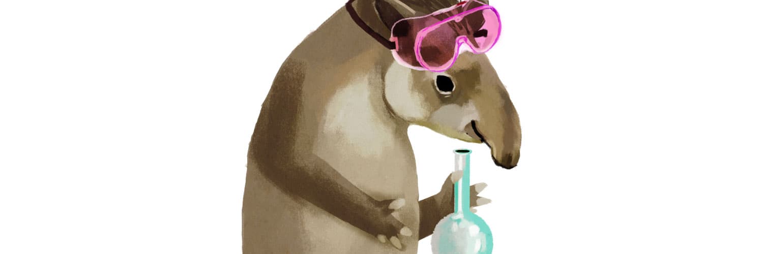 Ilustración. Una danta parada sobre sus patas traseras. Sostiene un contenedor esférico con una de sus patas delanteras y tiene unas gafas de laboratorio justo por encima de los ojos.