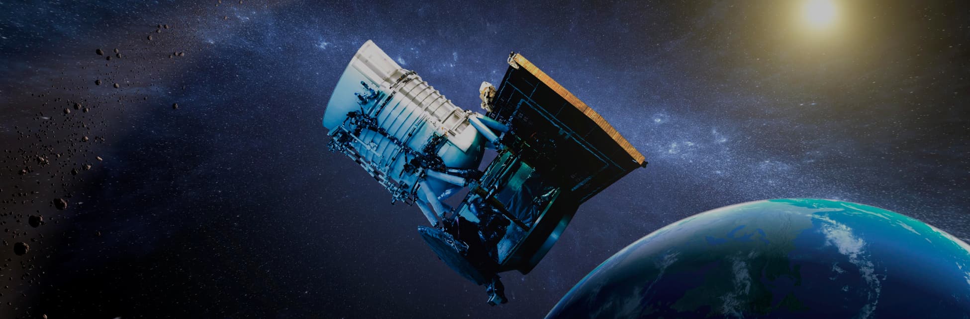 Ilustración. Sobre un fondo espacial oscuro, con estrellas y la vista parcial del planeta Tierra, se observa una nave espacial de grandes dimensiones, inclinada hacia la izquierda.