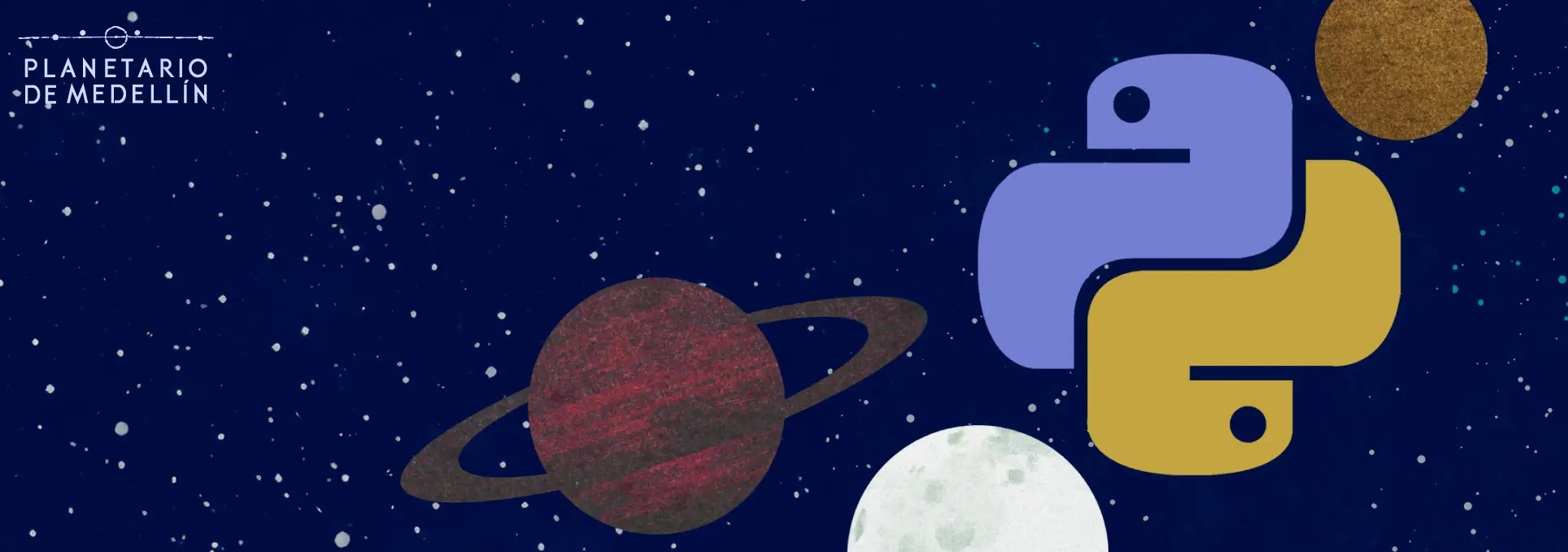 Ilustración de un espacio estrellado con varios planetas y, en el centro, el símbolo gráfico de Python.